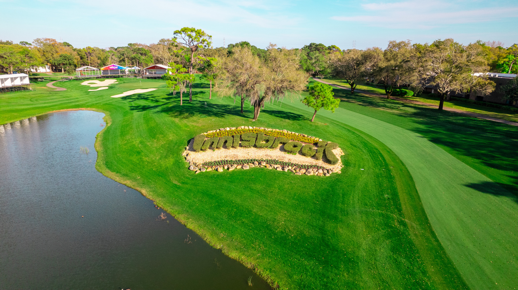 Aerial view of the Copperhead Course at Innisbrook Resort with water, fairways and tournament grounds